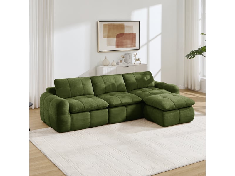  Canapé 3 places - 264 x 160 x 68 cm - canapé modulable en l en chenille avec 1 pouf amovible et coussins - vert  - Conforama C