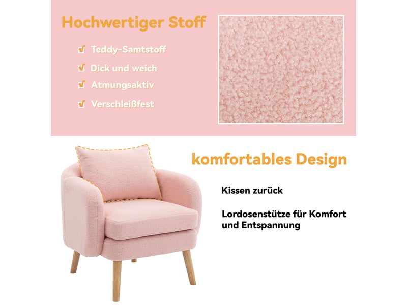 Fauteuil avec coussin dossier, assise épaisse 14 cm et support lombaire, en tissu teddy rose, 71 × 72 × 71 cm - Conforama E