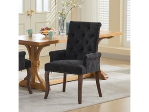 Chaise de salle à manger en chenille gris anthracite avec accoudoirs, dossier haut capitonné, pieds courbés en bois massif, style classique