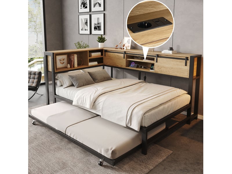  Lit en métal 120 x 200 cm avec lit gigogne 90 x 190 cm, rangements et prise de charge, noir et naturel  - Conforama B