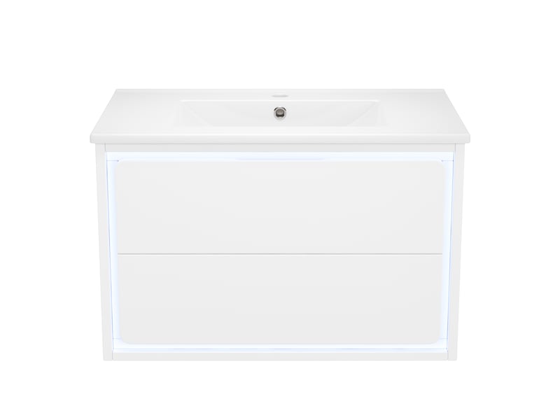  Meuble vasque suspendu 76x46x48,5 cm – blanc – led à détection radar, 2 tiroirs silencieux en mdf  - Conforama D