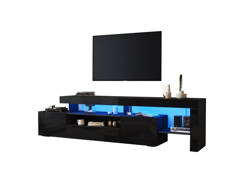  Meuble tv avec 3 portes abattantes, niche semi-ouverte et led pour salon, 192×37×53 cm, en panneau de particules noir  - Conforama A