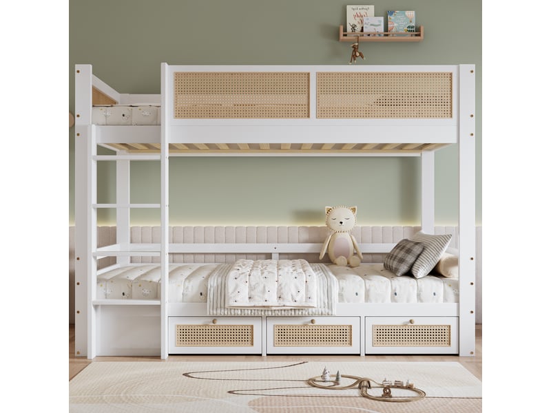 Lit superposé enfant 90x200 cm avec rangement, 3 tiroirs coulissants, garde-corps en rotin tressé, design naturel Blanc et bois Fay Lum - Conforama R
