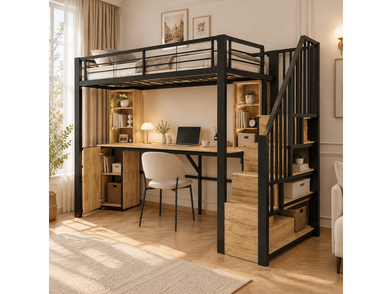  Lit mezzanine 90 × 200 cm, bureau, port usb, placard et escalier avec rangements, sommier, métal et mdf, noir et bois  - Conforama D