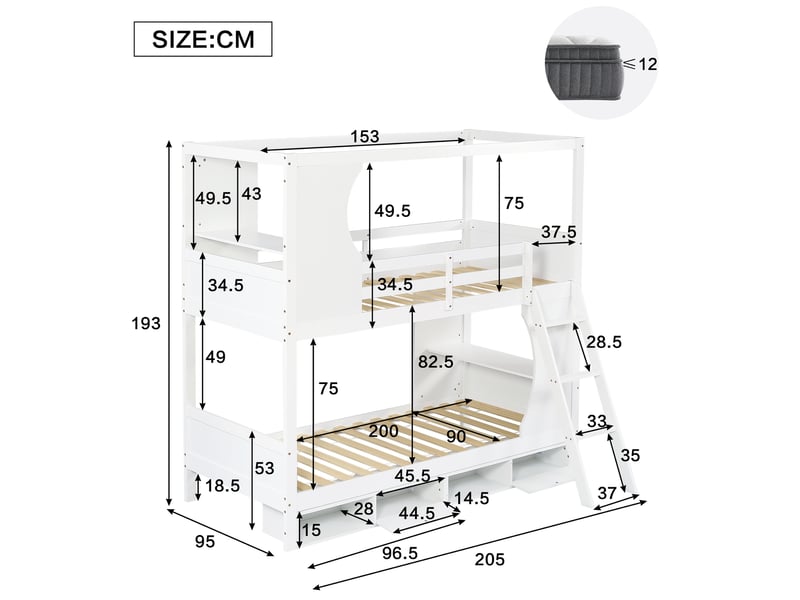Lit superposé enfant 90x200 cm avec 2 bureaux et meuble à chaussures 4 compartiments, bois, blanc,sans matelas - Conforama C