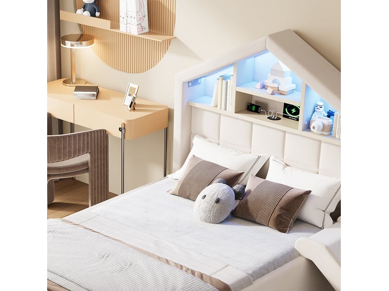  Lit enfant 90x200 cm avec toboggan réversible, éclairage led, rangement et tiroir, velours beige, sans matelas  - Conforama E