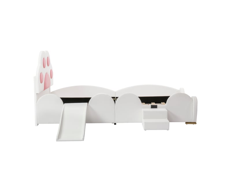  Lit jeune 90x200 cm avec tête de lit en patte de chat, toboggan et échelle 2 marches, pu, blanc et rose, sans matelas  - Conforama E