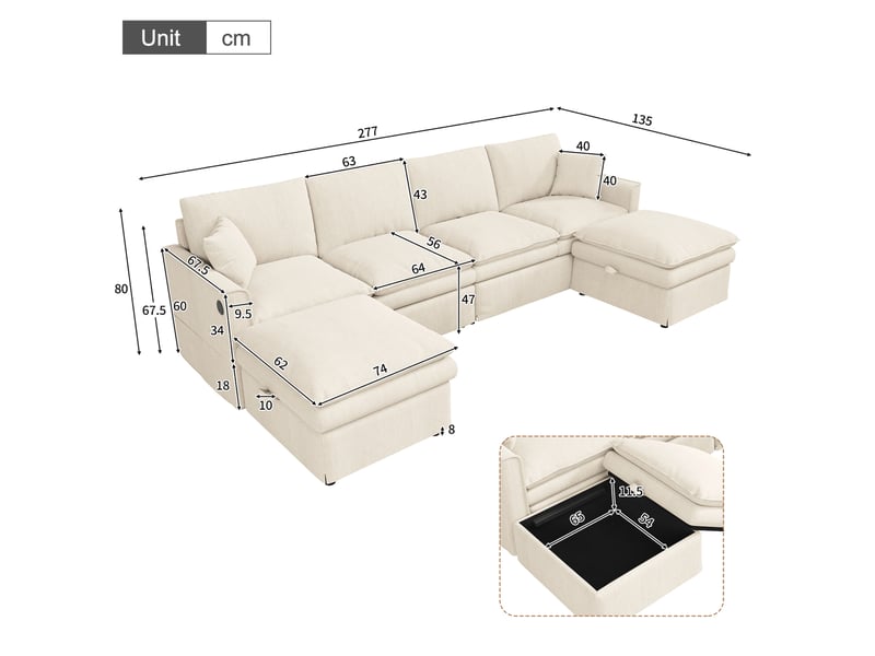  Canapé modulaire d'angle 6 places en u ou l avec 2 poufs de rangement et ports de recharge, coton et lin beige  - Conforama C
