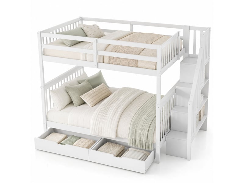  Lit superposé enfant 140 x 200 cm blanc avec escalier de rangement et 2 tiroirs  - Conforama A
