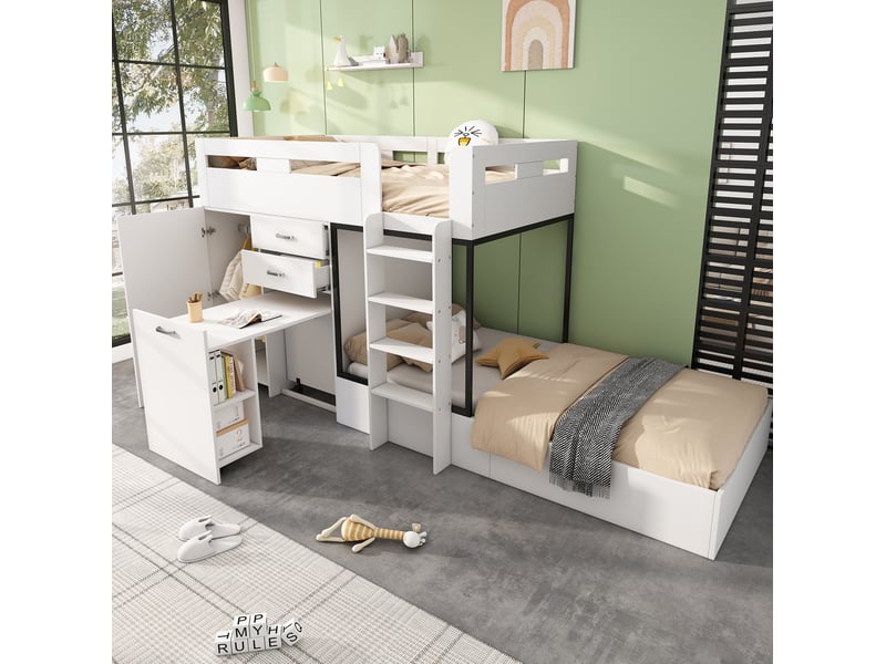  Lit superposé enfant 90x200 cm avec bureau coulissant et armoire, blanc et noir  - Conforama B