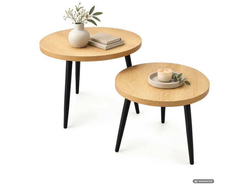  Lot de 2 tables basses twino coloris bois naturel 52 cm rondes pieds noirs 52x52x45 cm et 38x38x38 cm TWINO - Conforama A