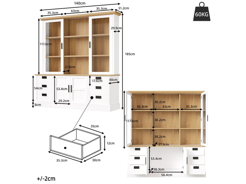  Buffet de cuisine haut avec étagères 4 portes 6 tiroirs portes vitrées anti-basculement pour cuisine 140 × 40 × 185 cm  - Conforama E