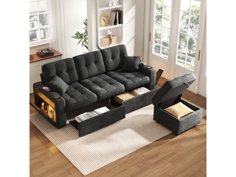 Canapé d’angle 3 places en chenille 194,5x133x83 cm, avec usb-c et led, porte-gobelets, rangements latéraux, 2 tiroirs et pouf coffre, noir - Conforama B