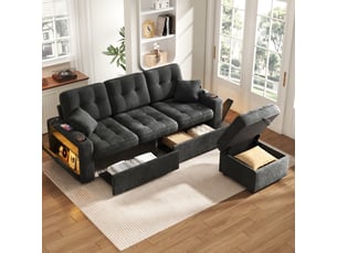 Canapé d'angle panoramique relax manuel <strong></strong> <strong></strong> 3 places Tissu vert avec coffre de rangement