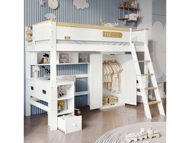 Lit mezzanine enfant 90x200 cm avec grille antichute, échelle, table et armoire, en bois, blanc, sans matelas - Conforama B