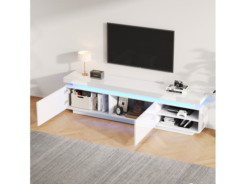  Meuble tv tcqpz 170 x 35 x 50 cm blanc avec led, 2 portes, rangement ouvert, pour tv jusqu'à 70 pouces, panneau de particules  - Conforama D
