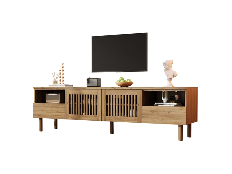  Meuble tv 180x40x51 cm avec 2 portes à grille et 2 tiroirs de rangement en mdf, coloris bois naturel, design simple  - Conforama A
