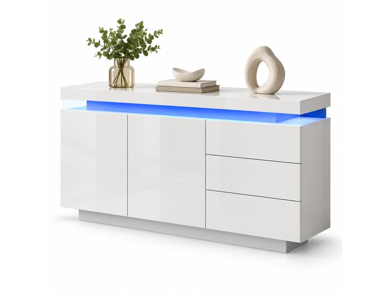  Buffet blanc brillant commode de rangement moderne avec éclairage led armoire de cuisine avec 2 portes, 3 tiroirs 140 x 38 x 72 cm  - Conforama A