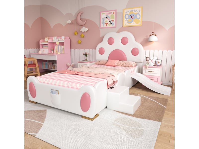  Lit enfant 90x200 cm avec toboggan et échelle, revêtement pu blanc et rose  - Conforama C