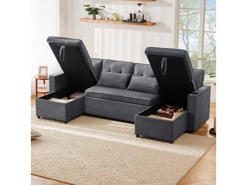  Canapés convertibles - canapé d’angle convertible 4 places avec couchage et espace de rangement, design multifonction en tissu coton - gris  - Conforama C