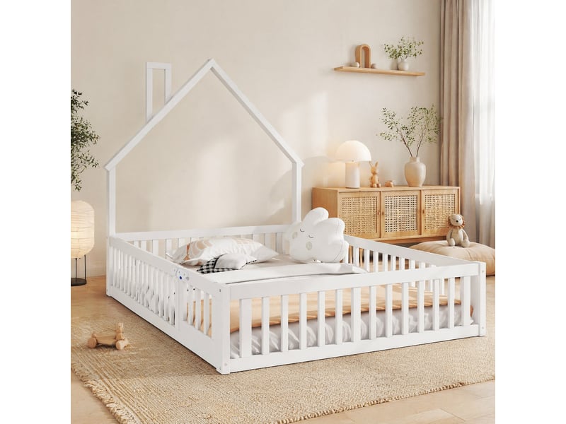  Lit enfant 140 x 190 cm blanc en bois de pin et mdf avec sommier à lattes  - Conforama C
