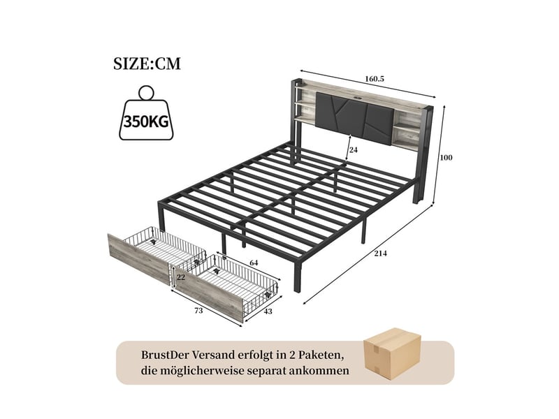  Lit 160x200cm - lit double 160x200cm - lit avec tête de lit led rgb, station de charge et 2 tiroirs - noir et bois vintage  - Conforama E