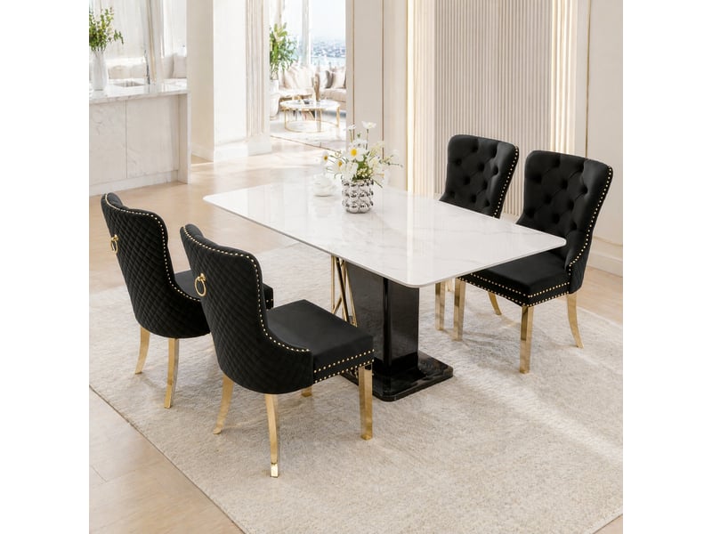  Lot de 4 chaises 65,5x51x95 cm, piètement acier doré, clous décoratifs, revêtement velours noir, pour salle à manger  - Conforama B