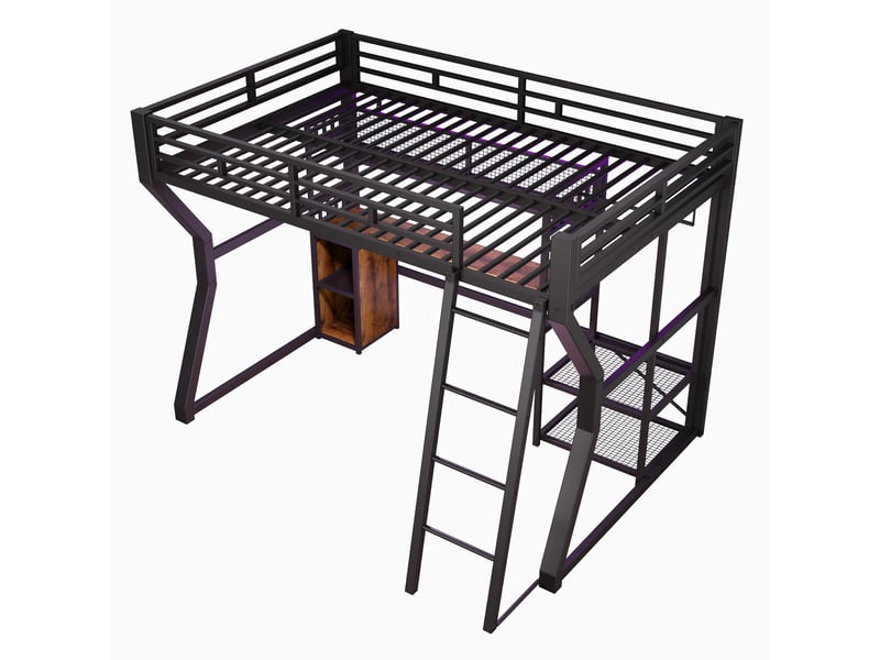  Lit mezzanine noir 140 × 200 cm en métal, bureau, prise, penderie et rangements  - Conforama D