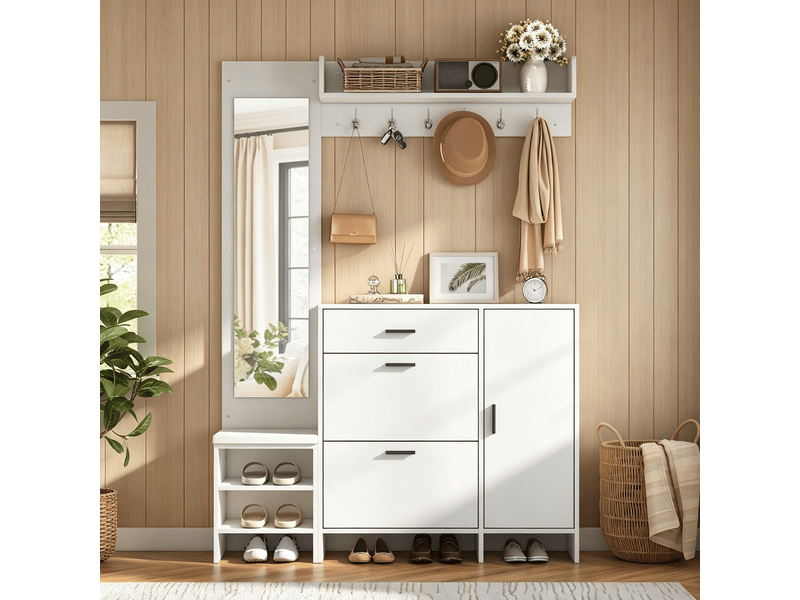 Meubles d'entrée avec 1 tiroir, 2 abattants, 1 porte, 7 niches, miroir, 6 crochets, en mdf, 140×30×200 cm, blanc  - Conforama C