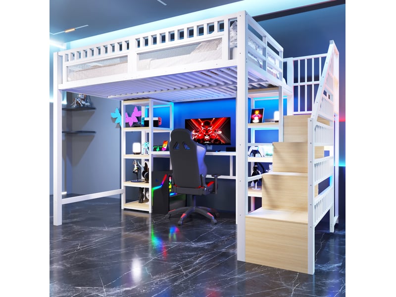  Lit mezzanine 140 x 200 cm avec bureau, rangements, led et port usb, blanc  - Conforama E