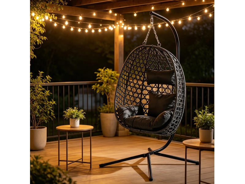 Chaise suspendue 105x105x195 cm anthracite en métal et pe rotin, hauteur réglable et support inclus - Conforama D