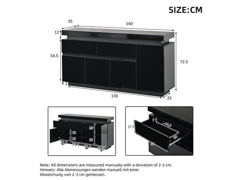  Buffet avec 4 portes, 2 tiroirs et led pour salon 140×35×72,5 cm en panneaux de particules noir  - Conforama E