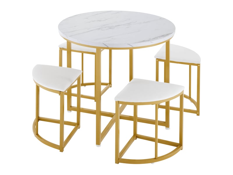  Ensemble table à manger et 4 chaises, table ronde blanche en mdf 80 cm, sièges en velours et structure métallique dorée  - Conforama R