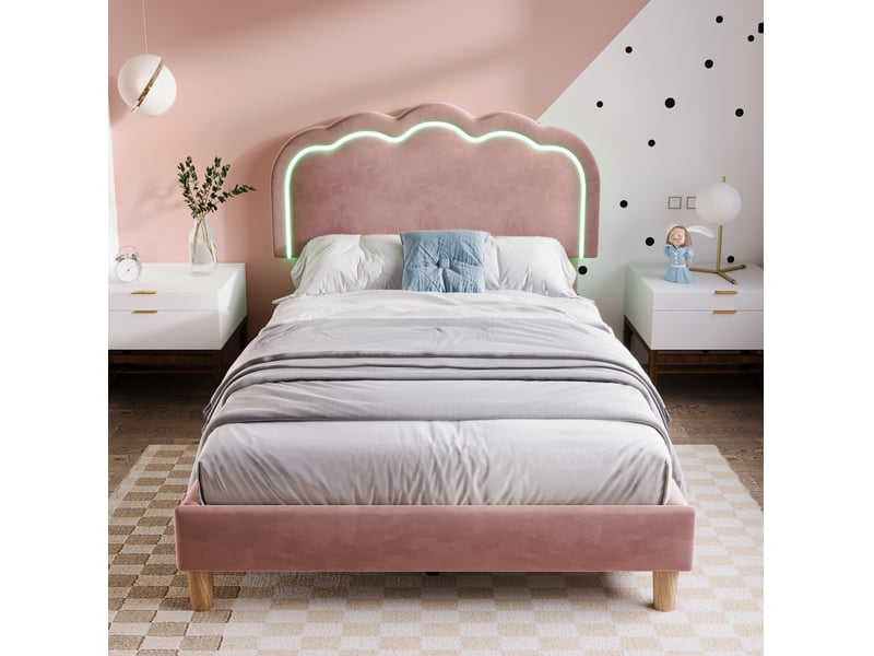  Modenvie lit simple capitonné 90x200 cm - tête de lit led réglable, sans matelas - rose  - Conforama D