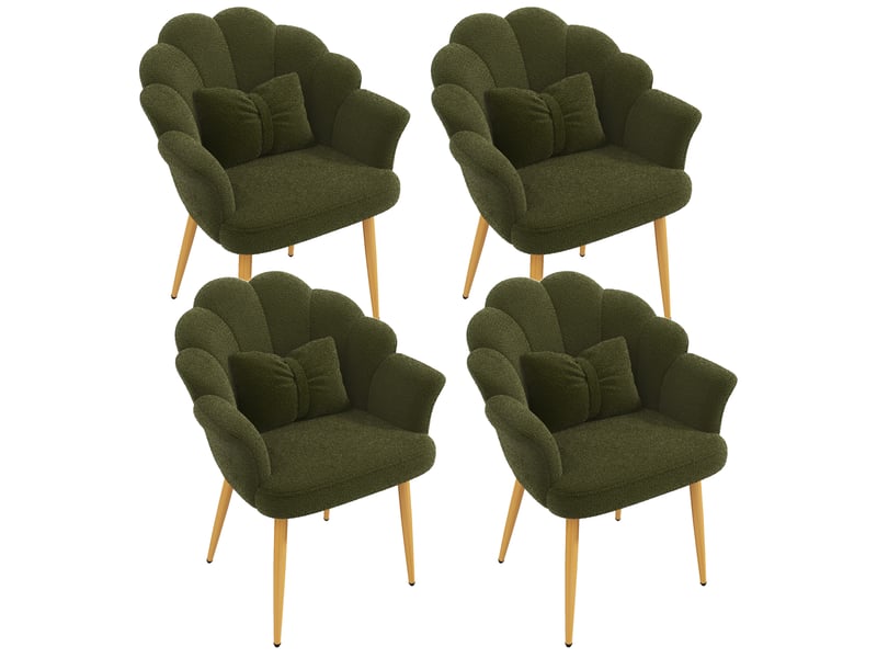  Lot de 4 fauteuils 64x65,5x85 cm, dossier pétale, accoudoirs, coussins inclus, pieds en fer doré, teddy vert  - Conforama A
