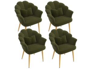 Lot de 4 fauteuils 64x65,5x85 cm, dossier pétale, accoudoirs, coussins inclus, pieds en fer doré, teddy vert