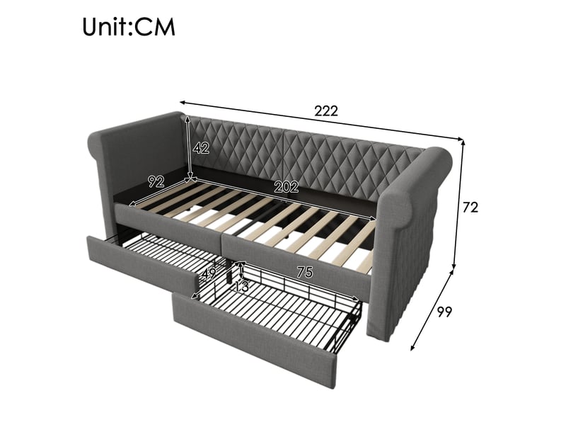 Lit banquette vintage 90x200 cm gris en tissu lin avec 2 tiroirs - Conforama E
