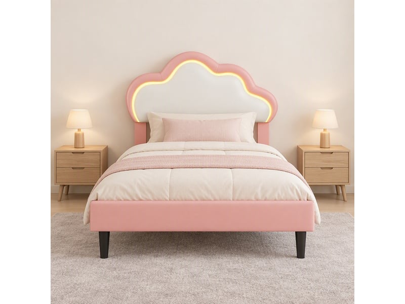  Lit simple 90 x 200 cm, lit enfant avec led, nuage en simili cuir, rose et blanc  - Conforama B