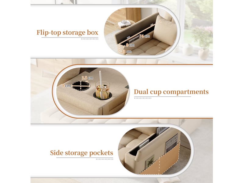  Canapé-lit 2 places 159 x 142,5 cm – beige – dossier réglable, rangements et 2 coussins  - Conforama E