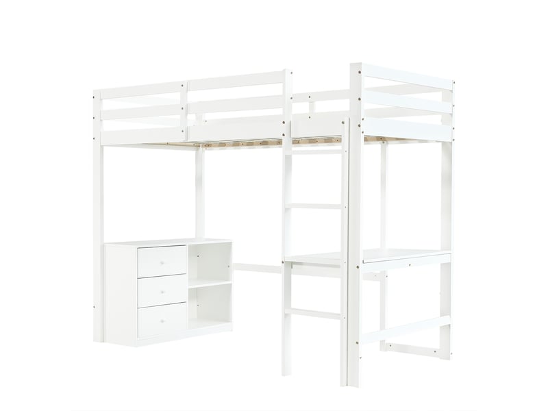  Lit mezzanine enfant 90x200 cm avec bureau, armoire à tiroirs et étagère, pin et mdf blanc  - Conforama D