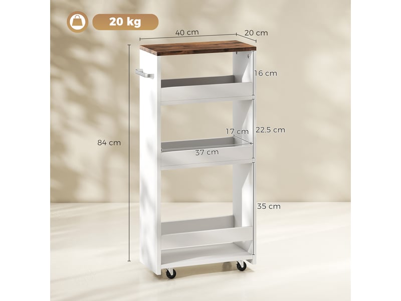 Desserte de cuisine à roulettes 4 niveaux, îlot central cuisine étroit avec poignée latérale, blanc, 40 x 20 x 84 cm  - Conforama C