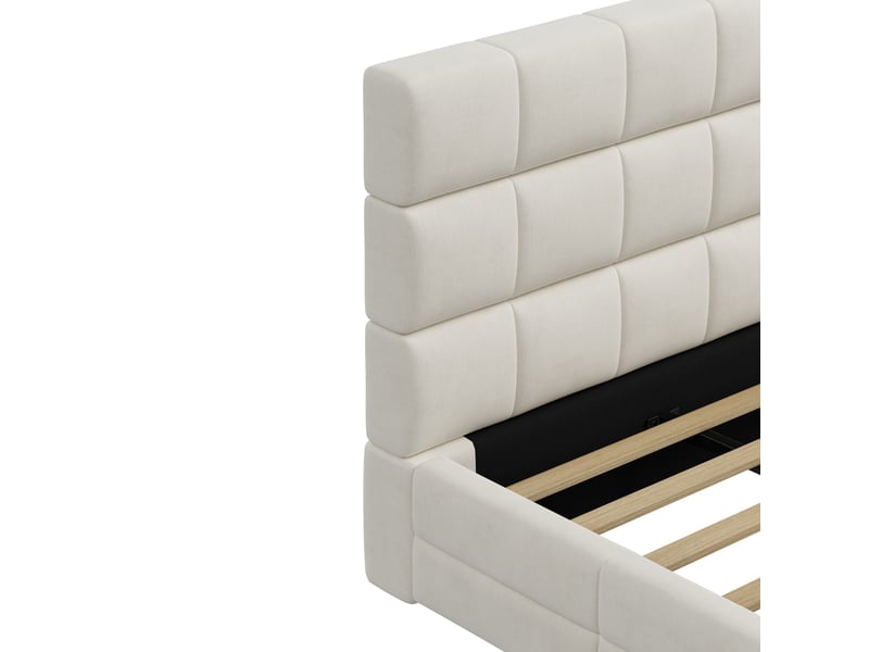  Lit rembourré beige 180x200 cm en velours avec tête de lit garnie de mousse, surpiqûres décoratives et sommier à lattes  - Conforama D