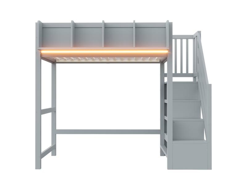  Lit mezzanine 90x200 cm avec rangement intégré et led - lit enfant avec sommier à lattes et barrières de sécurité - bois gris  - Conforama A