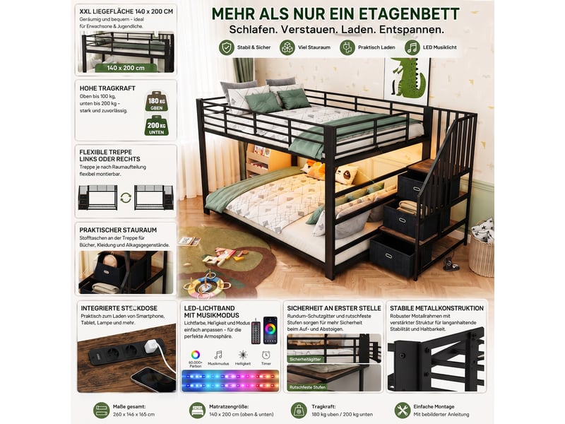  Lit superposé 140x200 cm - escalier avec tiroirs de rangement - led et prises usb - pour chambre d’enfant - métal et mdf - noir  - Conforama D