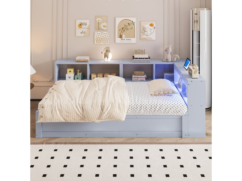  Canapé-lit 90x200 cm, lit enfant, couchage d'appoint, rangement hydraulique, led, bois gris, prise intégrée  - Conforama A