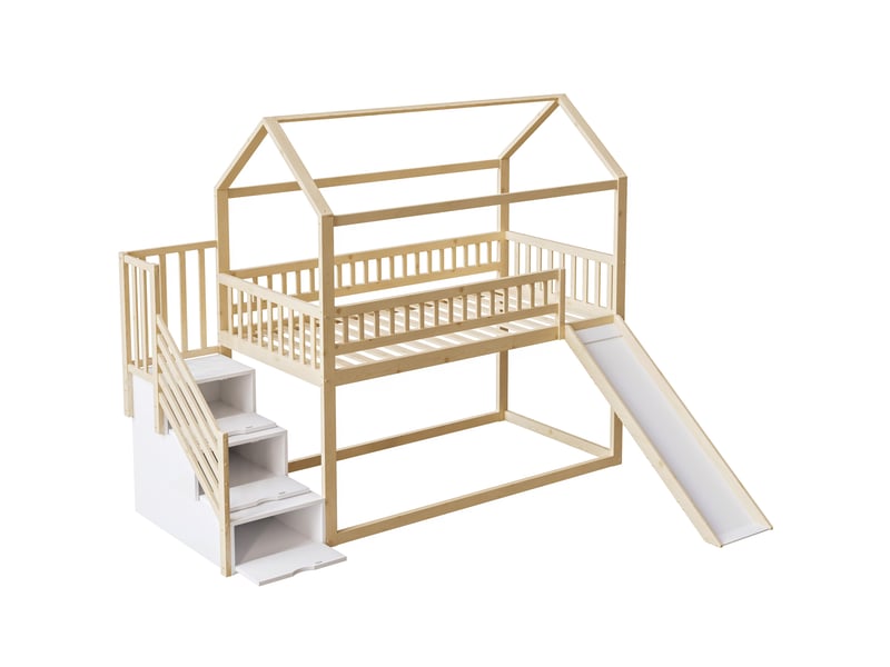  Lit mezzanine enfant 90x200 cm en bois massif, lit avec toboggan et escalier de rangement, barrière de sécurité, couleur bois naturel.  - Conforama C