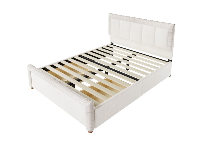  Lit 2 places 140x200 cm – beige – 2 tiroirs modulables, velours français et pieds en bois - sans matelas  - Conforama D