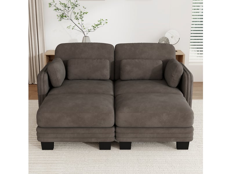 Canapé droit modulable 2 places avec 2 ottomanes en chenille marron 176x143x88 cm - Conforama B