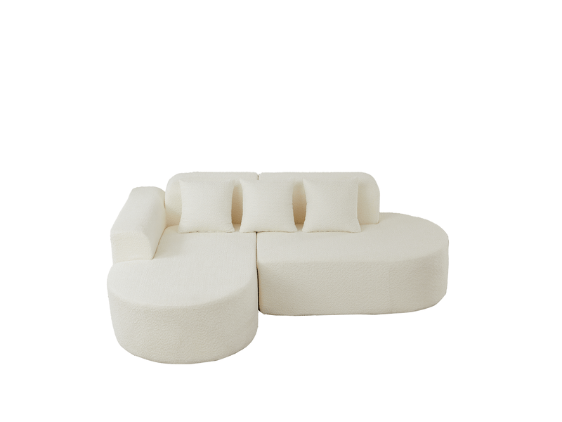 Canapé d'angle 3 places à forme arrondie avec méridienne à gauche et 3 coussins en chenille beige - Conforama A