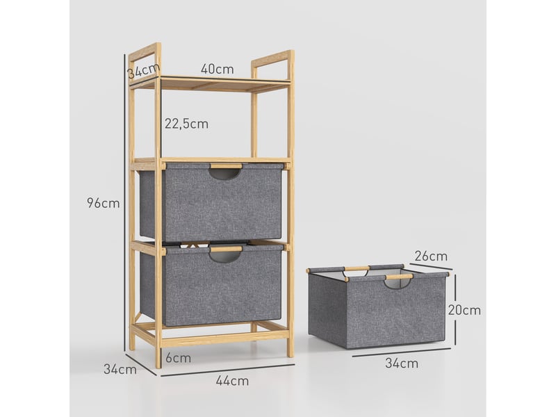  Panier à linge en bambou de 35,4 l, 2 paniers en tissu, étagères ouvertes et poignée, finition naturelle  - Conforama C